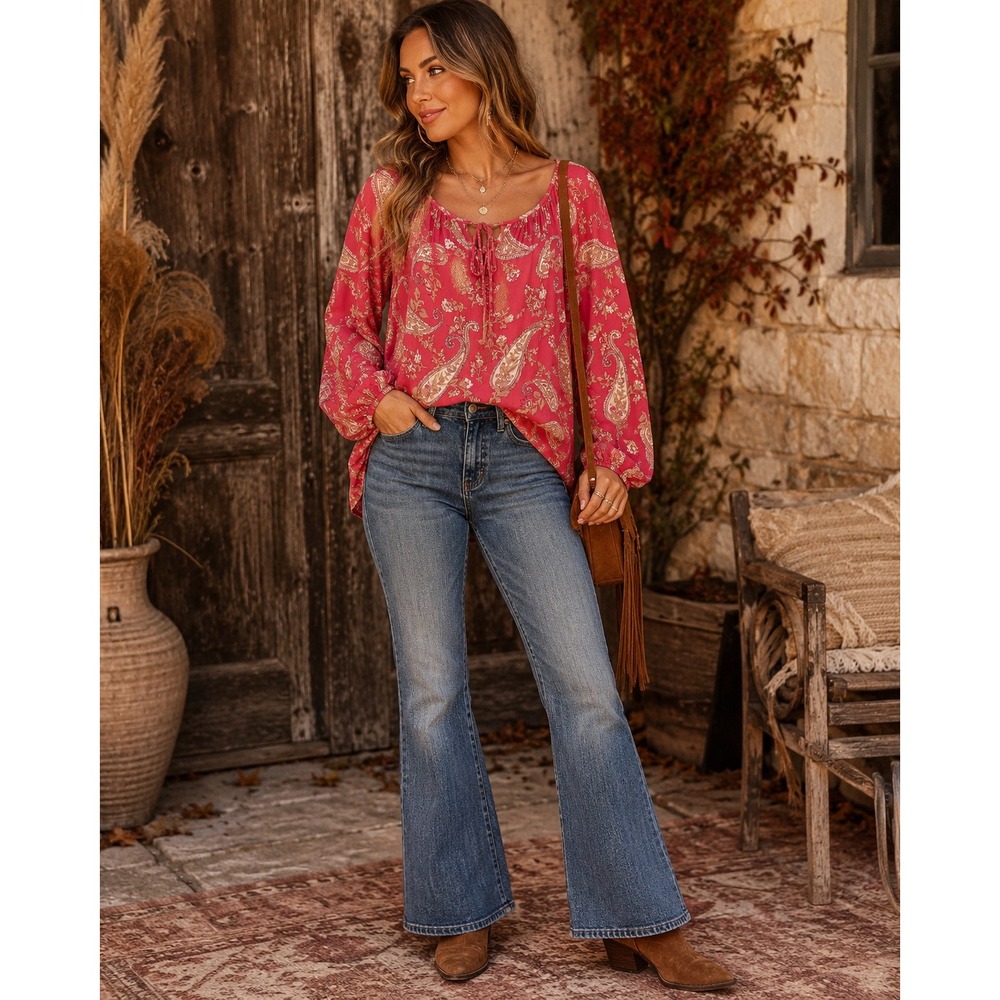 Lucky Brand Pink Paisley Peasant Blouse Boho Tie Neck Long Sleeve Top Large